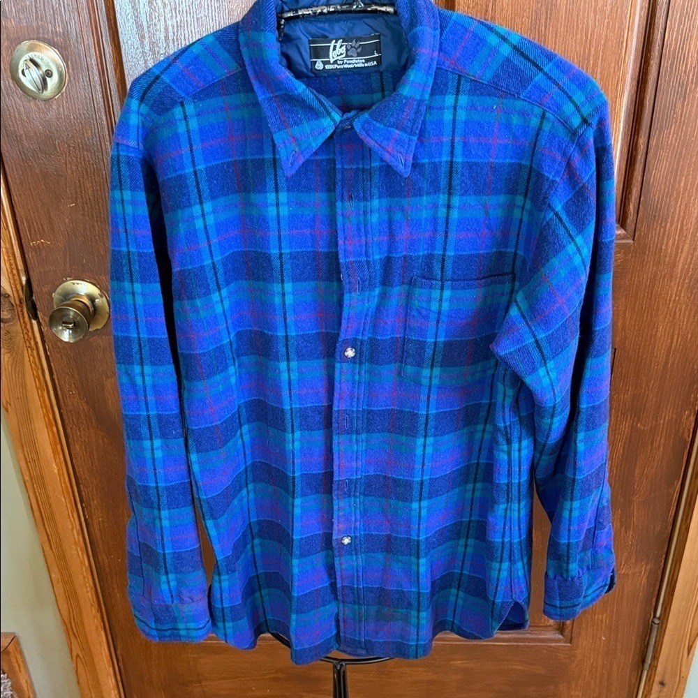 Lobo by Pendleton Mens Blue Plaid Wool Flannel Shirt Vintage Made in USA Large